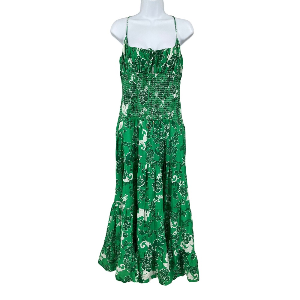 Anthropologie Maxi Dress Womens XL Green‎ Floral Smocked Tiered Boho Coastal XL